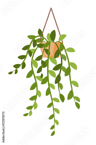  Illustration of a hanging potted plant with trailing green leaves. Perfect for home decor, indoor gardening. Vector Not AI generated