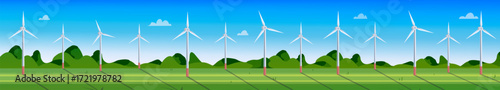 Illustration of wind turbines in a green field. Wind turbine farm. Sustainable or Green power concept. Vector Not AI generated