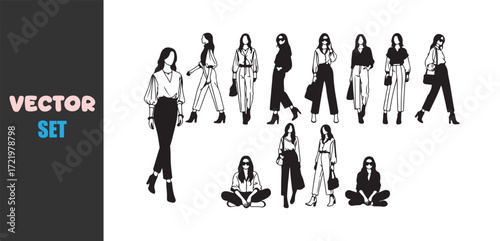 Fashionable women in stylish outfits posed against a white background