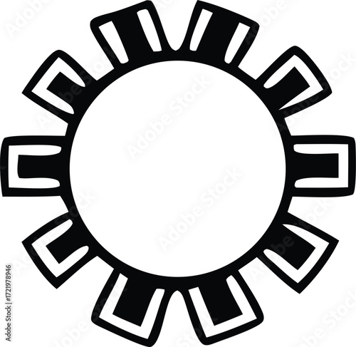 Distinctive black and white sun symbol graphic featuring a circular core and rectangular rays for universal appeal and recognition