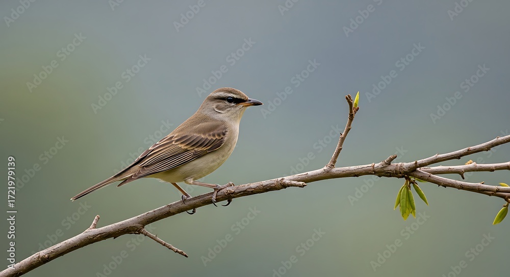 Fototapeta premium Small brown bird perched on a thin tree branch with soft background