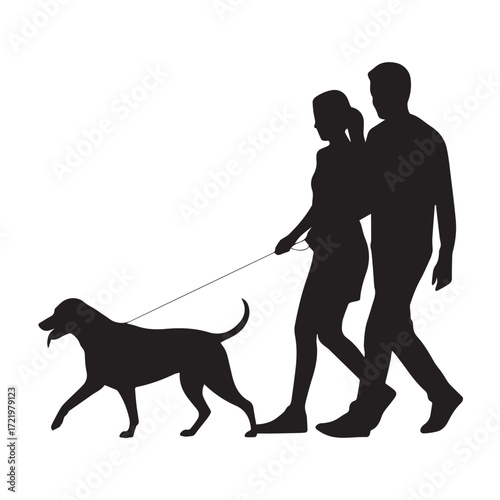 Couple and Dog on an Evening Walk Silhouette