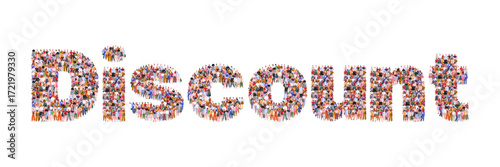 Large group of people forming the word Discount. Shopping sale promotion banner. Ideal for marketing, retail campaigns, and social engagement visuals. Vector. Not AI generated.