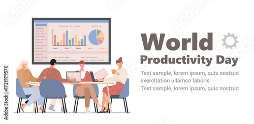 World Productivity Day. A group of businesspeople is participating in a team brainstorming meeting. Professionals collaborating as a team. Vector Not AI generated