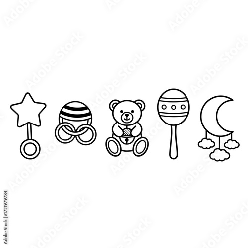 Vector art of collection of baby toys including star, rattle, teddy bear