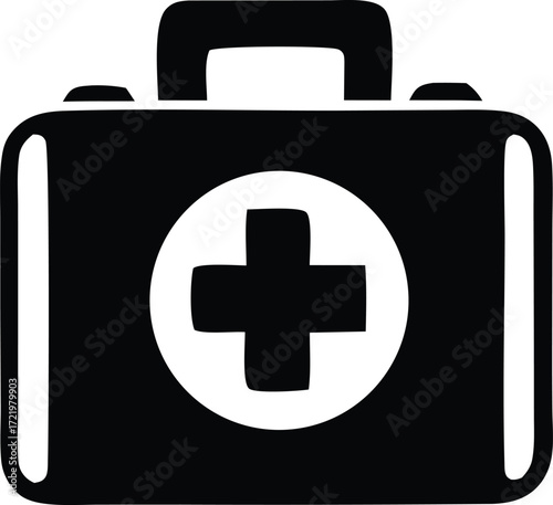 Simple black and white first aid kit icon with medical cross symbol representing emergency healthcare and medical supplies