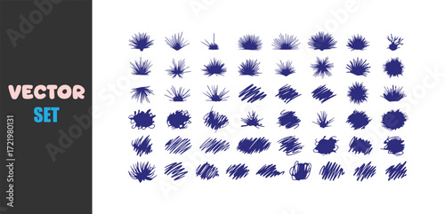 Collection of abstract blue ink scribbles and doodles on white background
