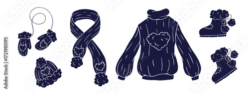 Silhouette set Winter clothing and seasonal accessory stamps. Vector graphics.