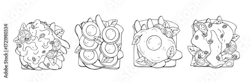 Set of line sketches of toasts with various toppings, vegetables, and herbs. Vector graphics.