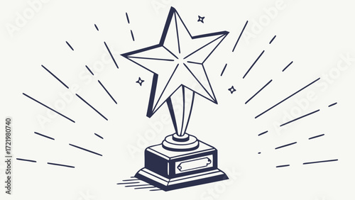 A shining star trophy on a pedestal radiating light in a black and white line art illustration style