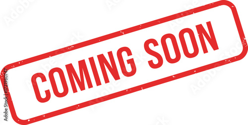 Coming soon stamp red rectangle text message announcement promotional marketing label graphic design isolated on transparent background