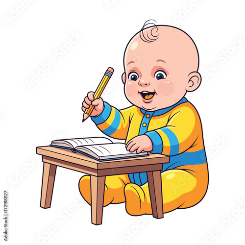 Happy Baby Studying: High Quality Flat Vector Illustration