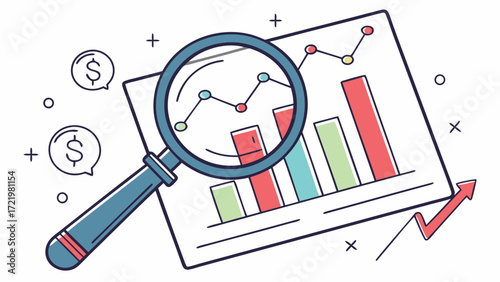 Analyzing financial data with a magnifying glass showing bar graphs and line charts with dollar signs around it