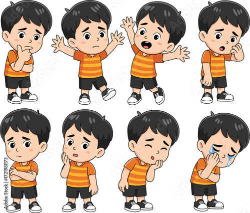 Adorable sad boy character set with different expressions and actions, including crying, confusion, and disappointment, isolated on a white background, vector art.