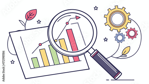 A detailed analysis of a bar graph with a magnifying glass revealing growth and strategic business insight