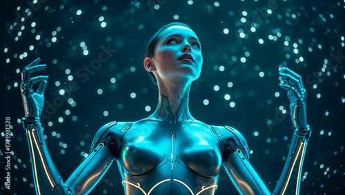Futuristic robot in a starry environment with glowing elements