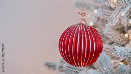 Christmas red ornament close-up hanging on beautifully lit Christmas tree flickering light. Festive bauble is surrounded by glowing string lights pine branches, creating warm cozy holiday atmosphere.