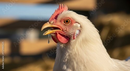 Close up portrait of a white hen with a red comb in natural light