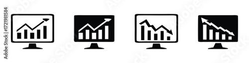 Financial charts showing market trends on computer screens, illustrating both growth and decline, perfect for reports, presentations, or visualizing economic performance 