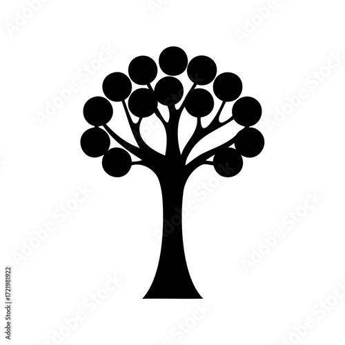 Stylized Silhouette Tree with Round Fruit, Isolated on White Background, Minimalist Design