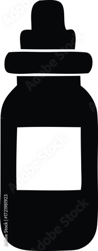 Simple silhouette icon of a dropper bottle with a blank label for medicine essential oils or cosmetics