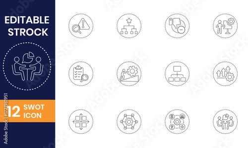 Vector art of swot analysis icon set representing business strategy and competitive advantage, editable stroke icons for presentations