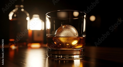 A glass of whiskey with a large ice sphere and a bottle in the background