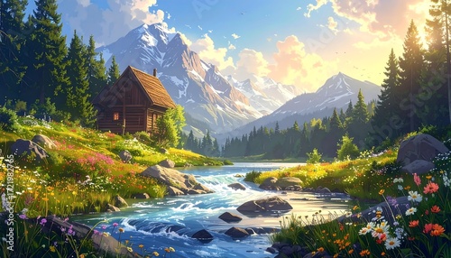 Mountain chalet by a babbling brook