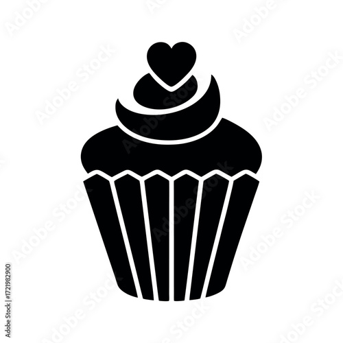 Minimal Glyph Cupcake with Frosting and Heart Vector Illustration