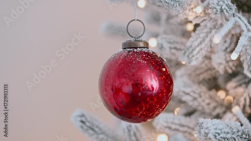Christmas tree decorated red glass bauble close up, frosted branches glowing lights, festive winter holiday background, traditional New Year ornament, cozy seasonal atmosphere, celebration decor scene
