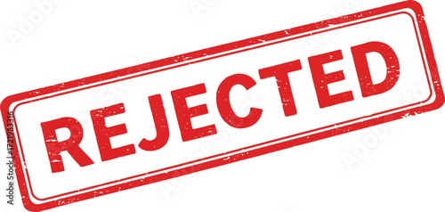 Official red rejected stamp graphic with textured border denial and disapproval rubber stamp emblem isolated on transparent background