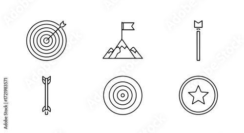 Collection of vector icons representing goals, achievement, success, and targets, including bullseye, mountain peak, flag, and arrow