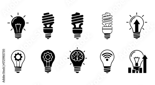 Collection of various light bulb icons representing ideas, innovation, and energy efficiency