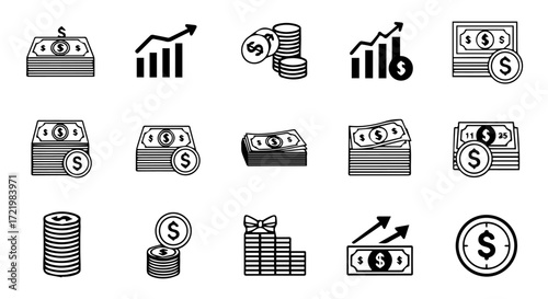 Set of minimalist black and white icons representing financial concepts, including stacked cash, coins, and rising graphs, suitable for business and economic visuals