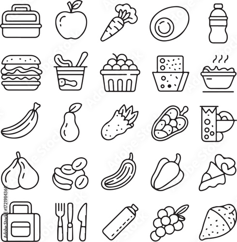 A set of twenty four line art healthy food icons on a white background nutrition