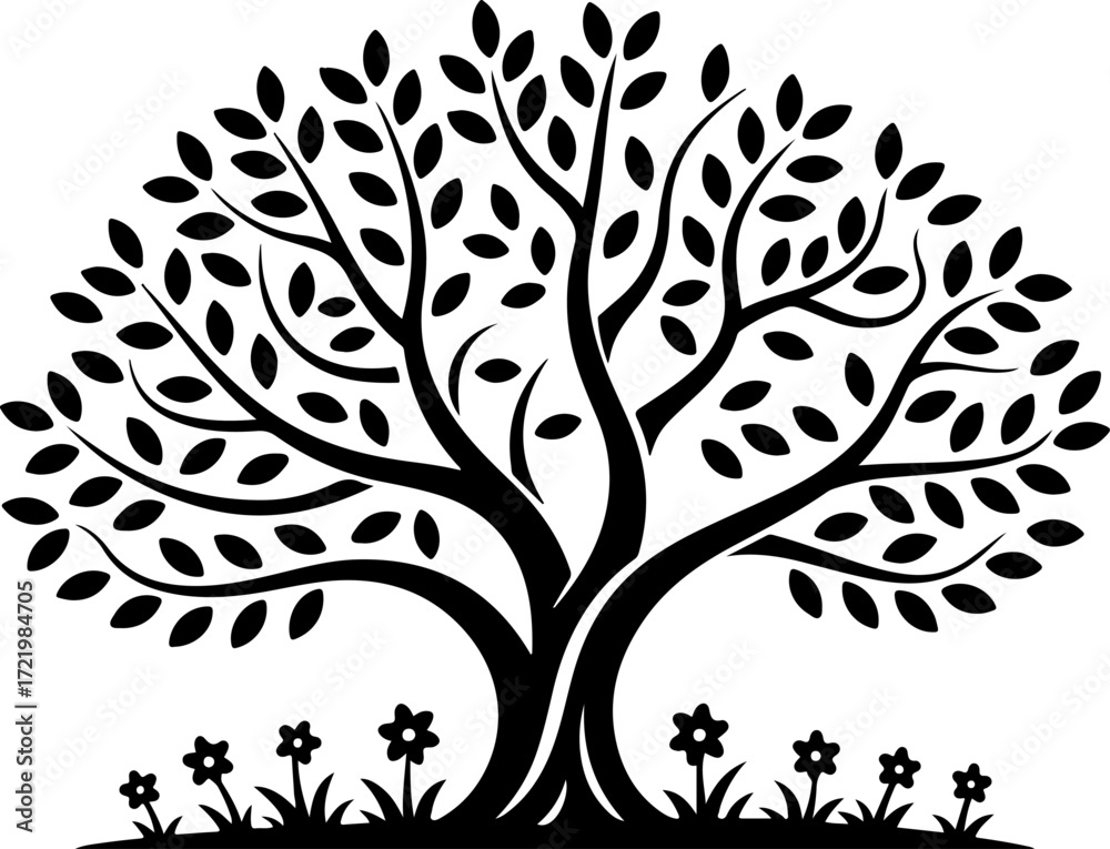 Obraz premium Stylized Black Tree with Leaves and Grass on White Background