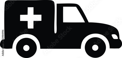 Black silhouette of a medical ambulance truck with a white cross symbol