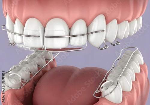 Close up of teeth with retainer appliance in mouth showing dental care and orthodontic treatment