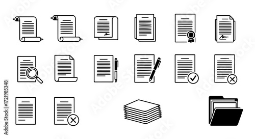Clean vector icon set portraying document management, digital paperwork, file organization, and essential office administration concepts for modern design and interfaces