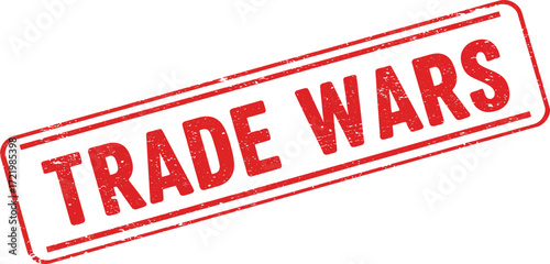 Bold red stamp typography declaring 'trade wars' against for economic discussion isolated on transparent background