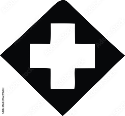 Bold white medical cross symbol centered within a black diamond shape for healthcare and emergency services