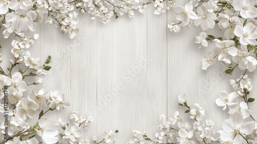 White flowers frame on light wood