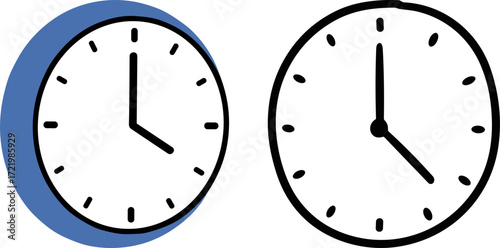 Two clocks with different designs featuring simple outlines and colors representing time management  