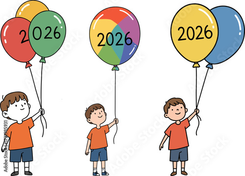 Three children holding colorful balloons with the year 2026 printed on them  
