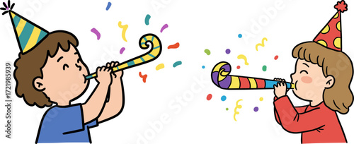 Two children celebrating with party hats and blowouts, colorful confetti around  