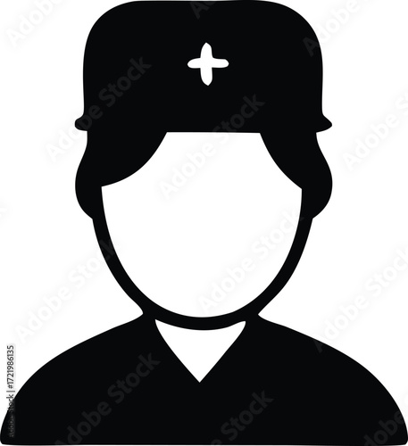 Simple monochrome icon of a medical professional with cap featuring a cross symbol ideal for healthcare branding and communication