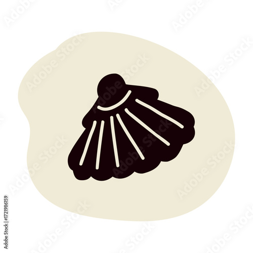 Pilgrims way shell symbol icon of scallop sign. Simple religious motif to identify walkers seeking sanctuary on camino, Santiago de Compostela or Canterbury trail. Black and white minimal style