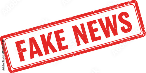 Red stamp with fake news text indicating false information and misinformation isolated on transparent background