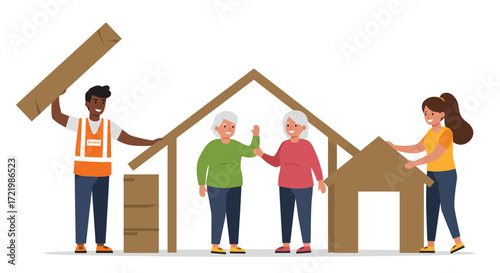 Diverse volunteers collaborate on building resilient housing framework for displaced people