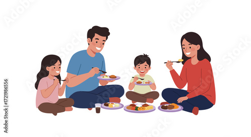 Happy family sharing a meal together in a stylized flat vector scene